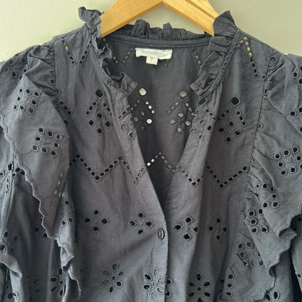Rebellion Black Eyelet Puff Sleeve Button Front Top - Picture 3 of 8